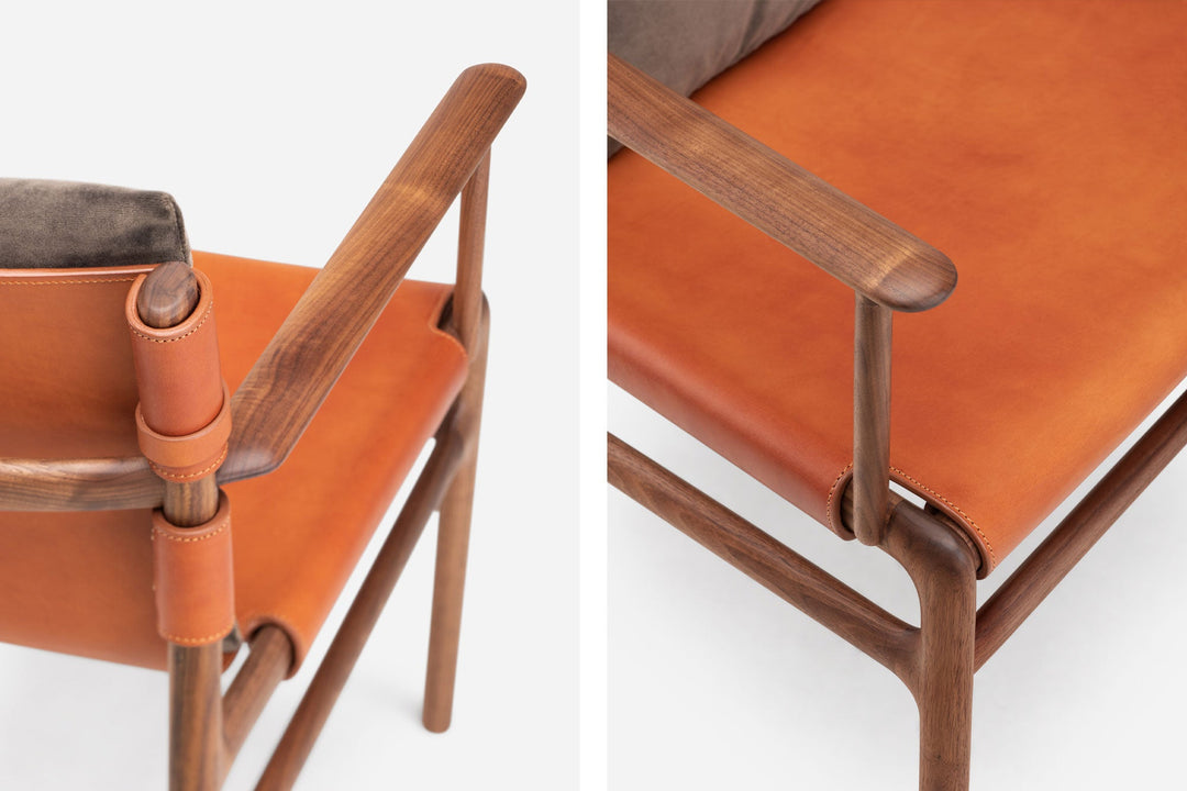 DANISH OILED WALNUT & DARK TAN LEATHER & BALBOA 29 FABRIC