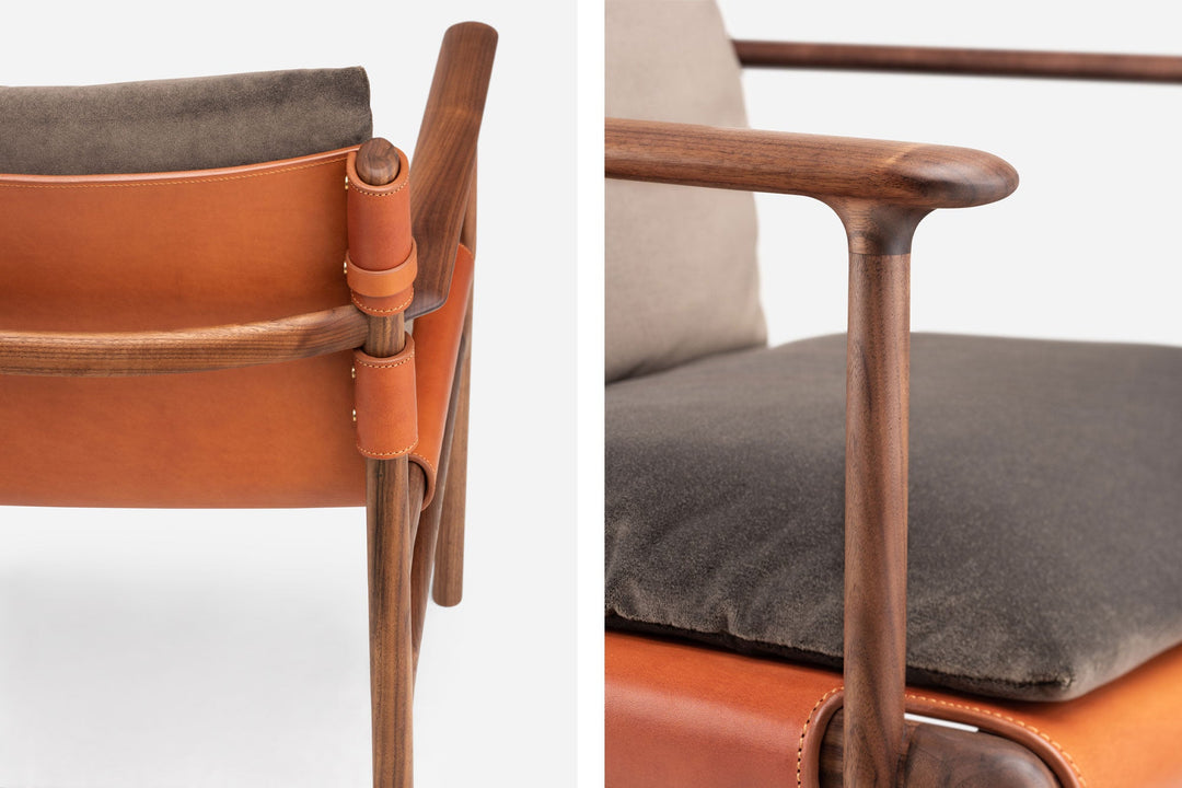 DANISH OILED WALNUT & DARK TAN LEATHER & BALBOA 29 FABRIC