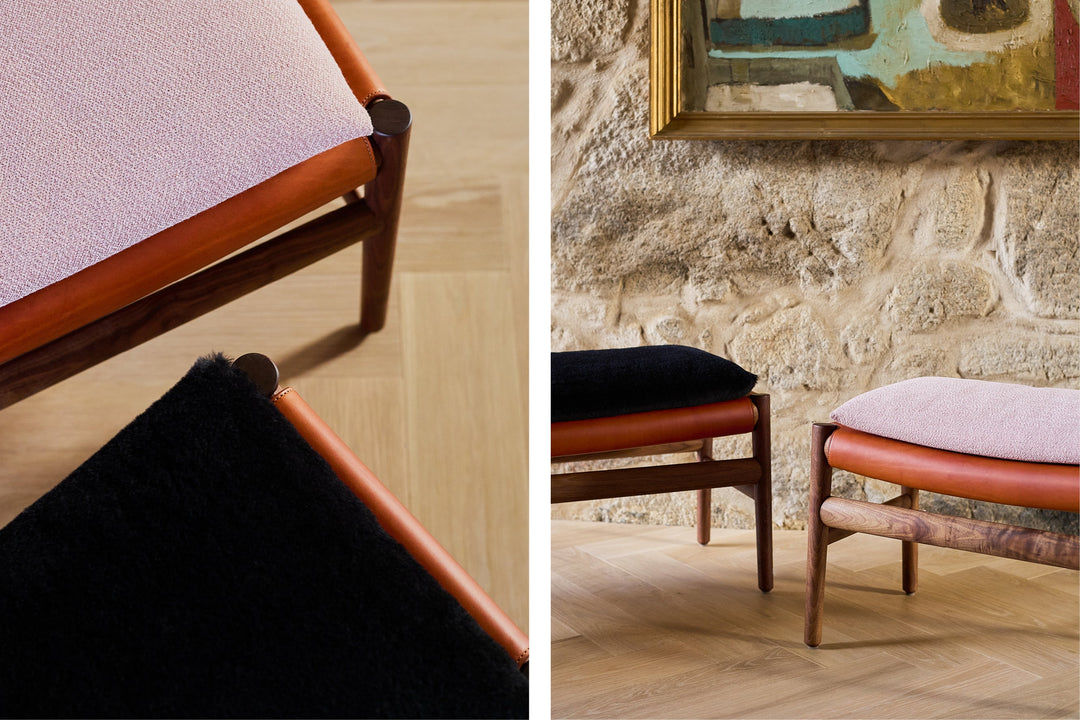 DANISH OILED WALNUT & DARK TAN LEATHER & ECRITURE 640 FABRIC (+ SELA MEDIUM BENCH)