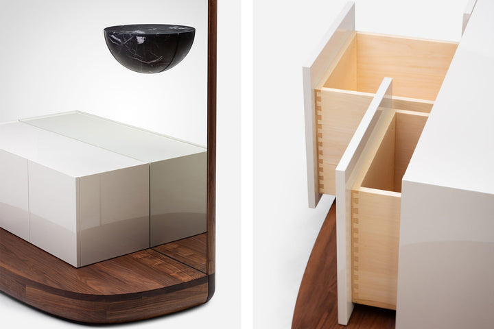 DANISH OILED WALNUT & WHITE GLOSS LACQUER & BLACK MARQUINA MARBLE