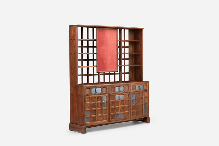 DANISH OILED WALNUT & GREY CERAMIC & MADDER RED FLORES LINEN TEXTILE (MODEL: MF)