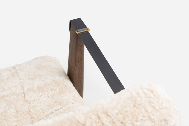 BLACK OILED WALNUT & MOHAWI CURLY WOOL SHEEPSKIN & BLACK LEATHER STRAPS