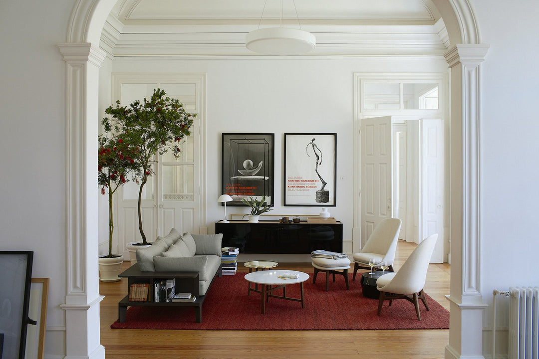 BLACK STAINED ASH & FABRIC (+ SOLO LOUNGE CHAIR AND OTTOMAN, TRIO TABLES AND TRUNK LOW CABINET)