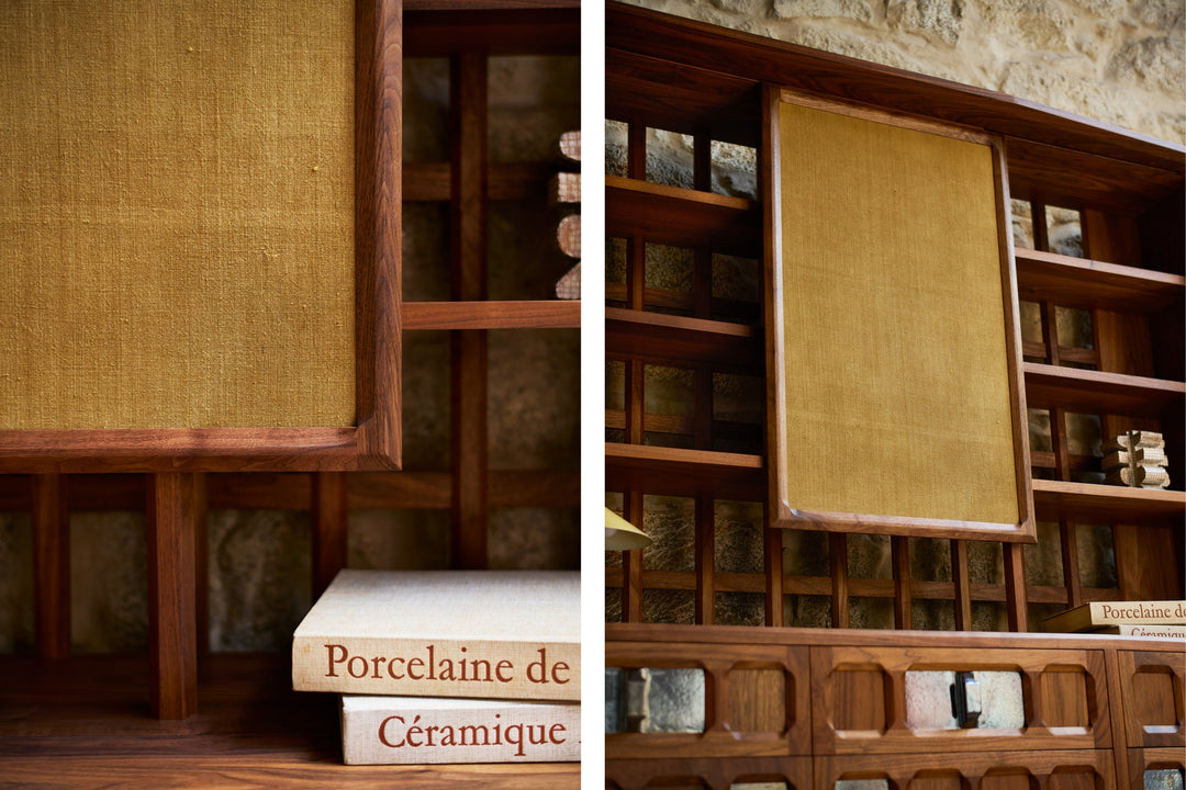 DANISH OILED WALNUT & GREY CERAMIC & OCHRE FLORES TEXTILE LINEN (MODEL: LF)