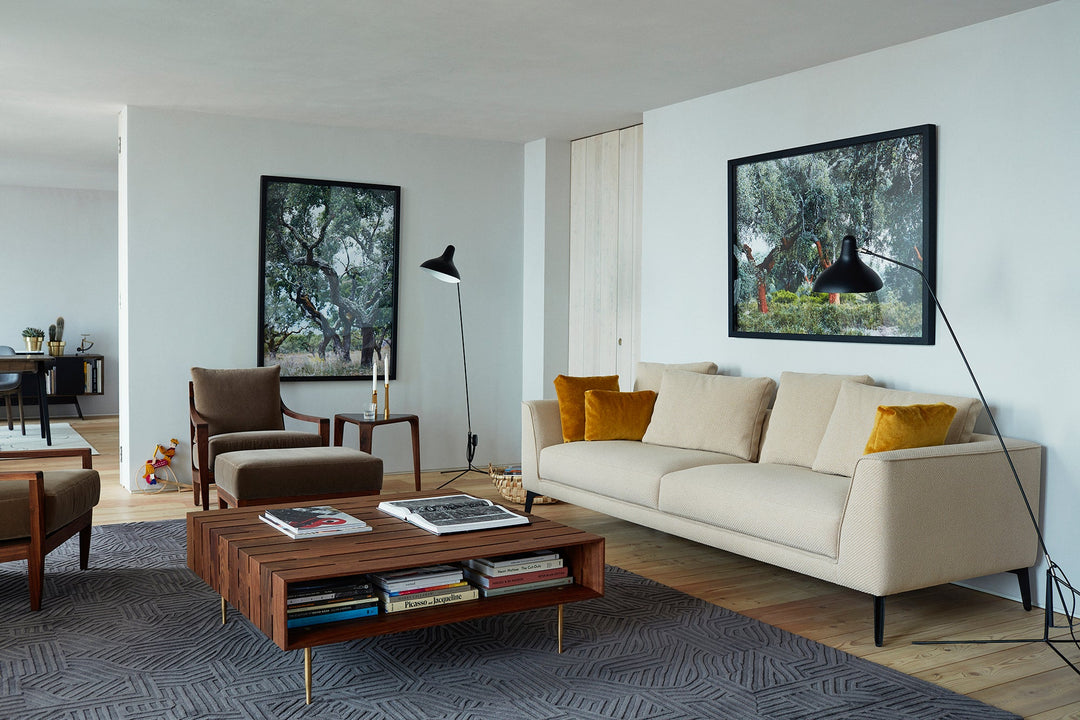 DANISH OILED WALNUT & BRASS (MODEL: 381L + MCQUEEN SOFA, LOW LOUNGE CHAIR AND OTTOMAN, MARY'S SIDE TABLE)