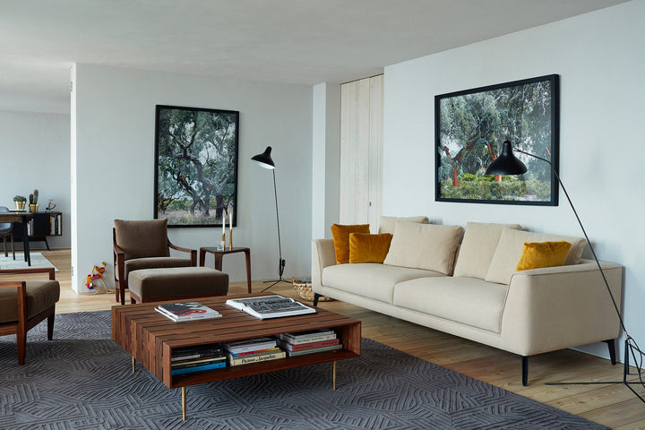 DANISH OILED WALNUT & BRASS (MODEL: 381L + MCQUEEN SOFA, LOW LOUNGE CHAIR AND OTTOMAN, MARY'S SIDE TABLE)